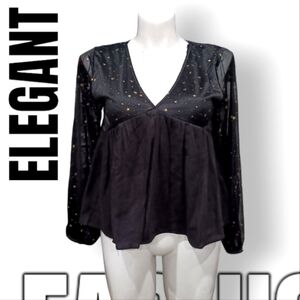 UMGEE Peasant Blouse Ballon Sheer Sleeve Plunge Neck Casual Top Gold Accent Sz M